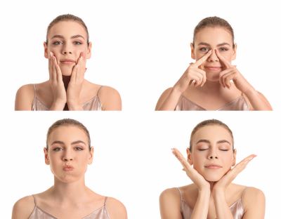 femme qui effectue des exercices de gym faciale